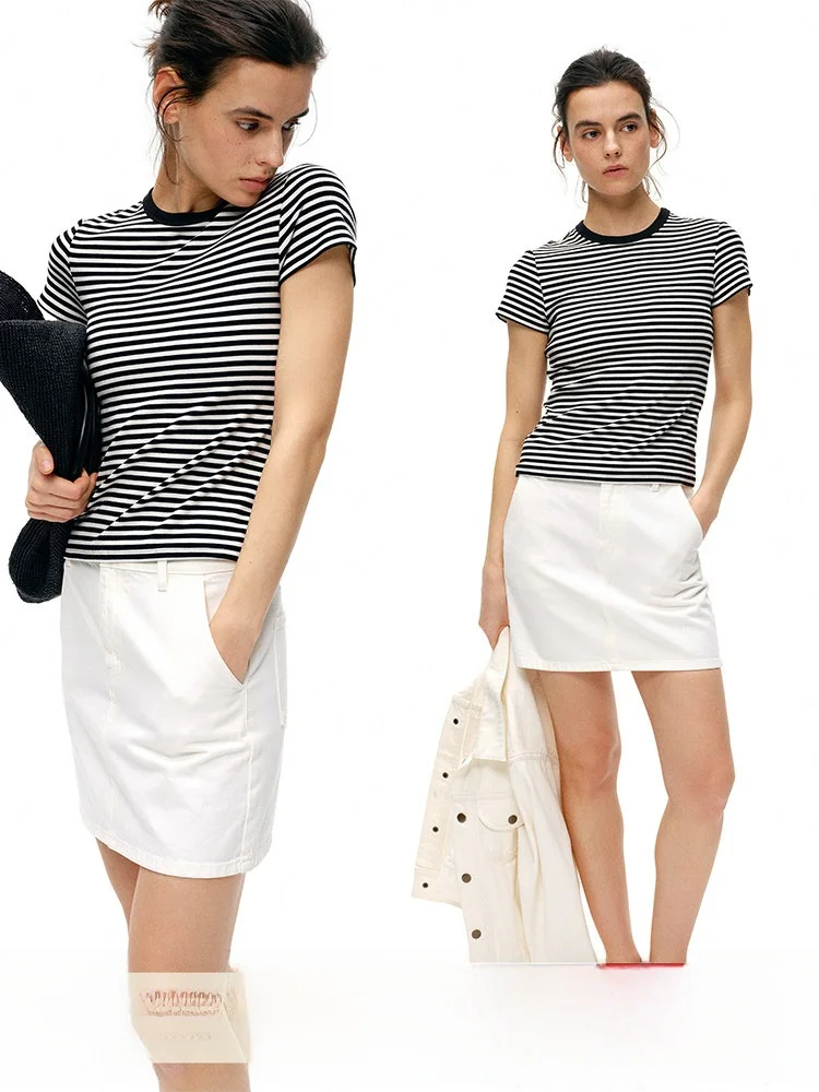 

Spring Summer Stripe round Neck Short Sleeve Slim Fit T-Shirt Women's Versatile Casual Top Who Peach Lenzing Fiber Blend