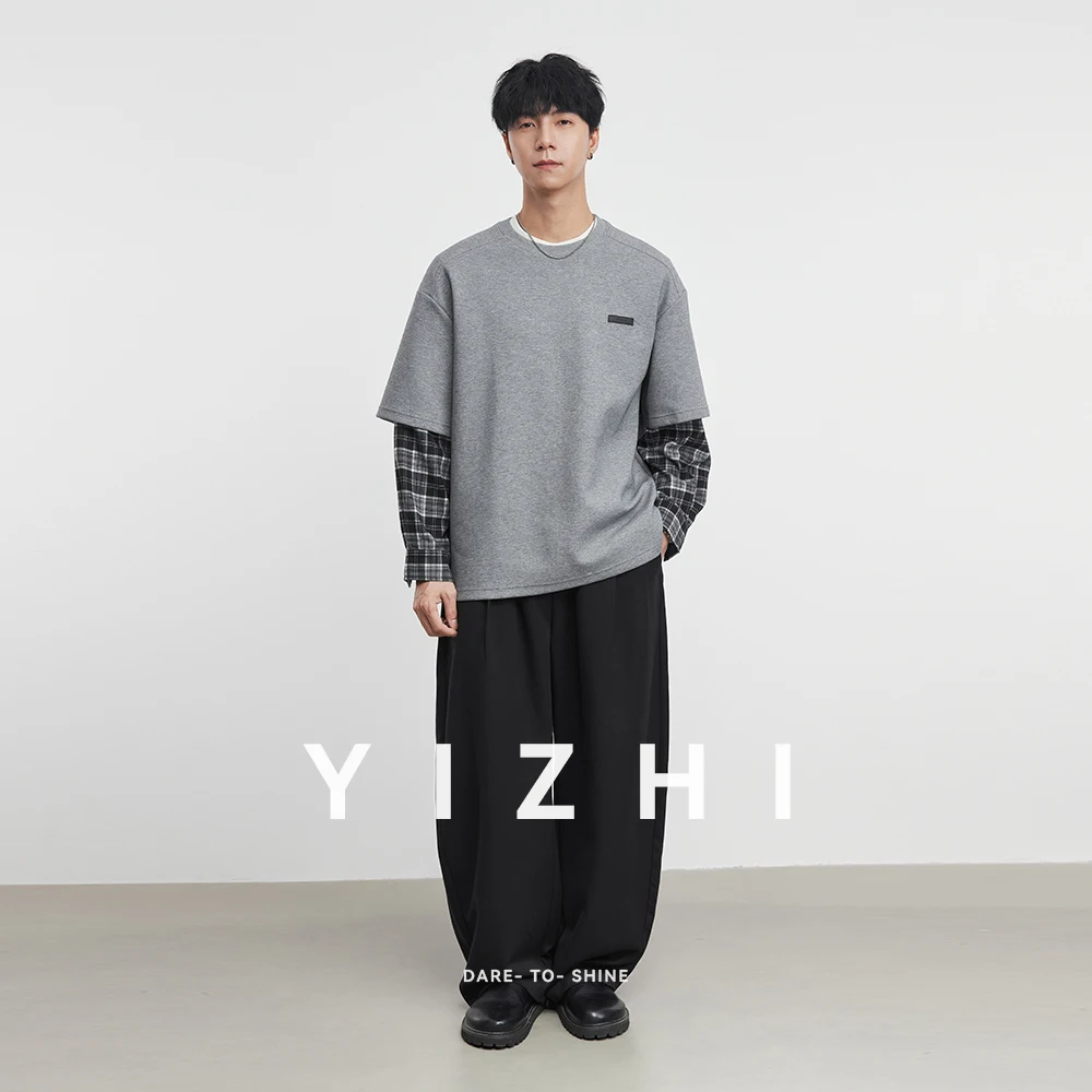 Fashion Men's Fake Two - Piece Plaid Long Sleeve Sweatshirt  2025 Autumn Winter New Crew Neck Loose Casual Top Men Pullover