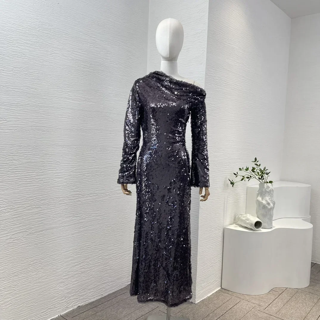 Diagonal Shoulder Blue Sequins Long Sleeve High Quality New Fashion Clothing Elegant Black Midi Dress for Women