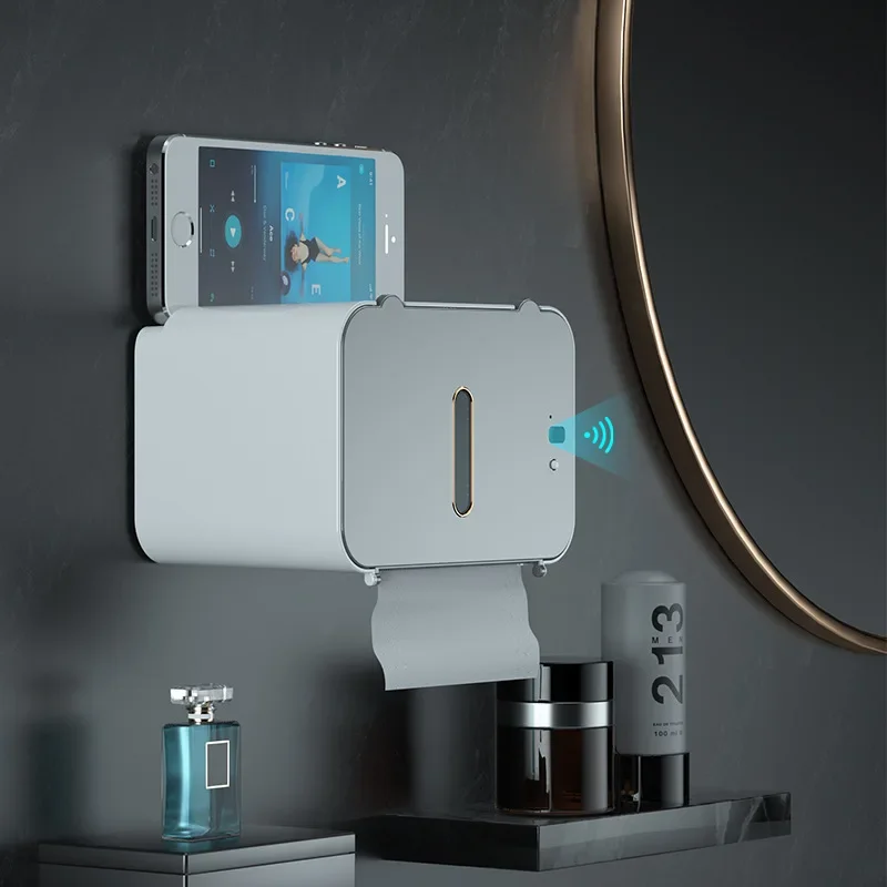 Automatic Toilet Paper Dispenser Wall-Mounted Smart Toilet Paper Holder Punch-Free BathroomTissue Box Bathroom Accessories