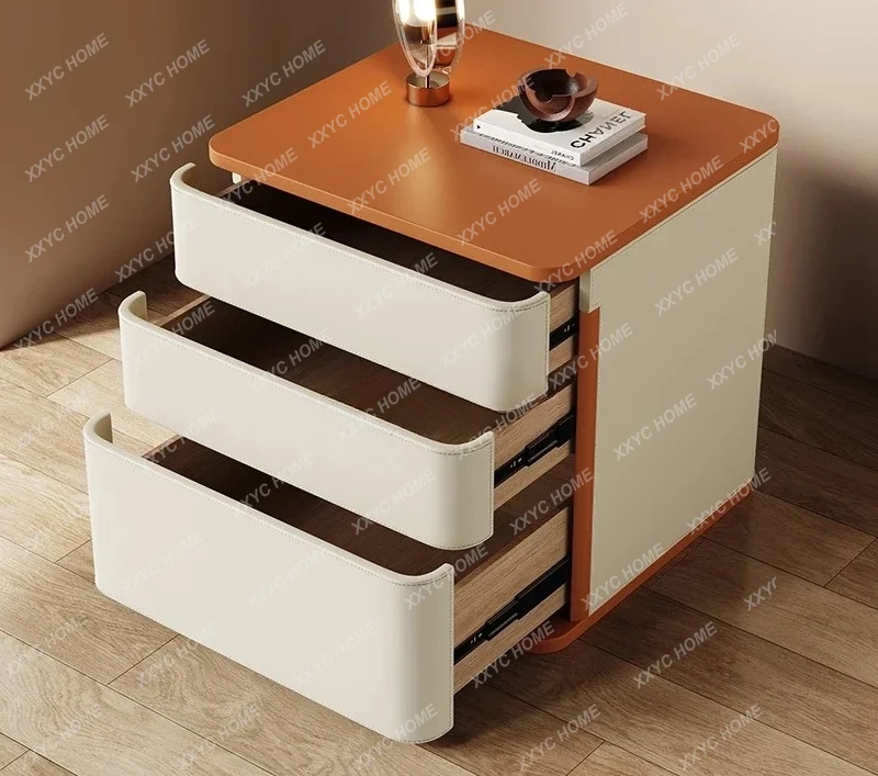 Creative and simple modern three-layer all-solid wood bedside table saddle leather