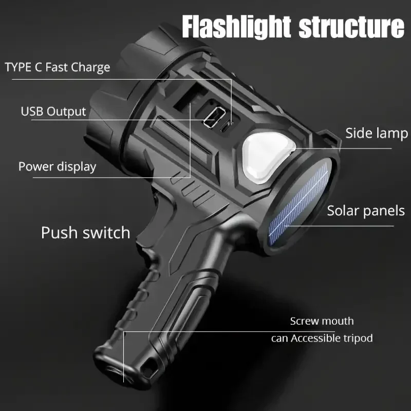 High Power LED Spotlight Flashlight Solar Powered/Rechargeable Outdoor Camping Floodlight USB Flashlight With 3-Color Filter