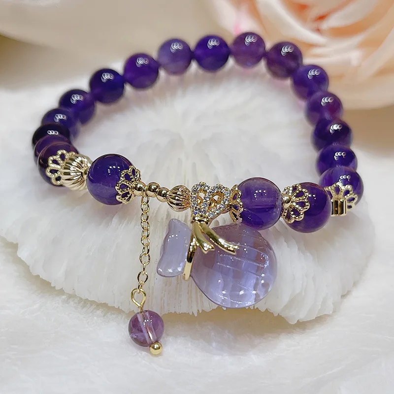 

New Amethyst Bracelet Vintage National Style Crystal Bracelet Lucky Bag Peace Buckle Pendant Amethyst Bracelet for Women