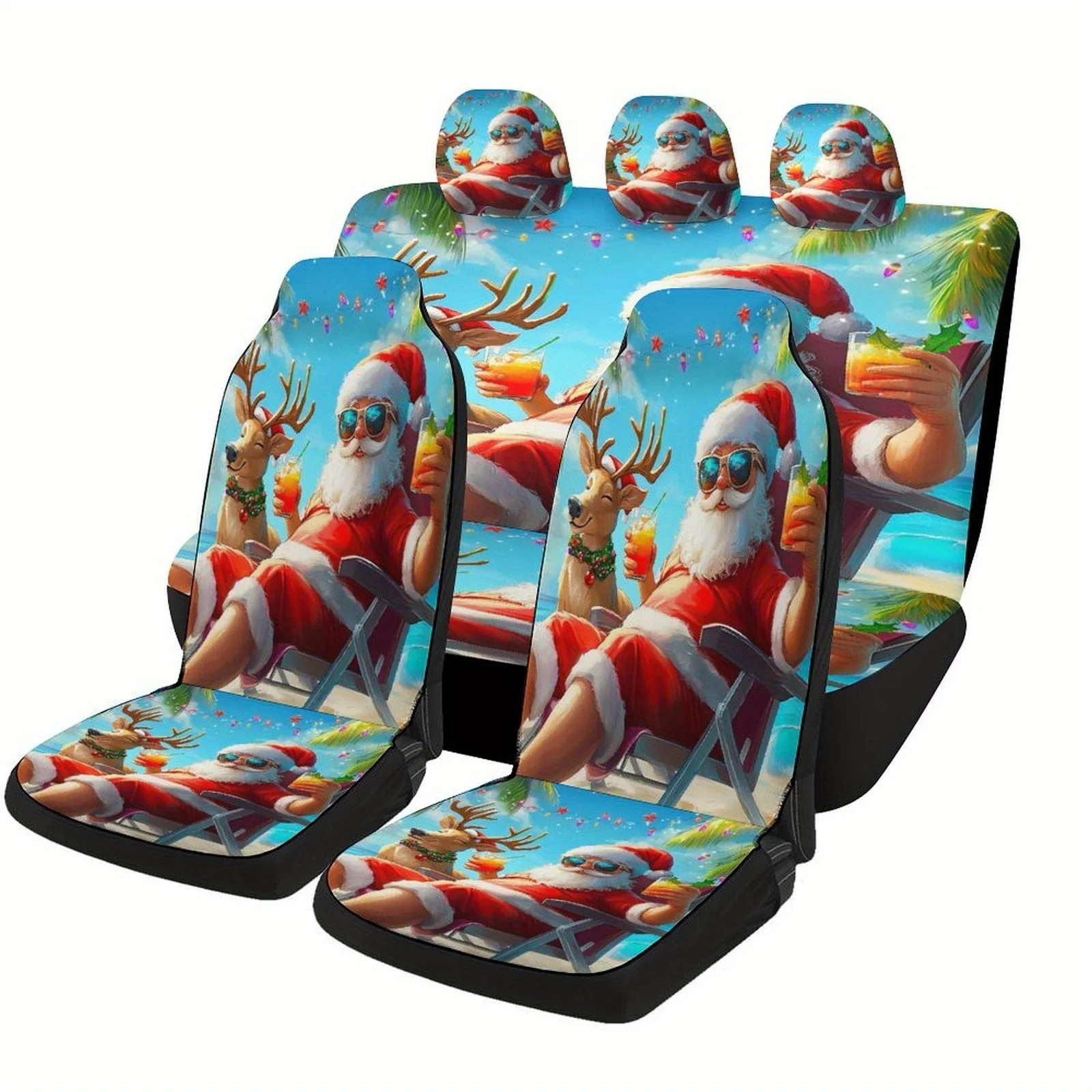 Santa'S Beach Holiday Themed Car Seat Cover Set - Festive Santa Claus & Reindeer Design, Universal Polyester Fit For Most Cars,