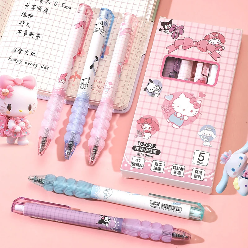 5Pcs Cartoo Sanrio Gel Pen Cute Hello Kitty Cinnamoroll Kuromi Melody Pressing Neutral Pen Student Stationery School Supplies