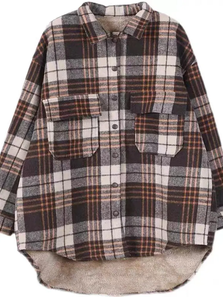 

plus Size Women's Jaet Korean Sle Artistic Plaid Lamb Fur Thiened irt Top Trendy Winter Coat for Women