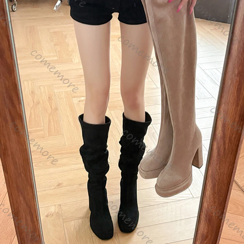 

Comemore Women’s Suede Over The Knee Boots Chunky Platform Heel Thigh High Winter Shoes for Women Round Toe Stacked Long Booties