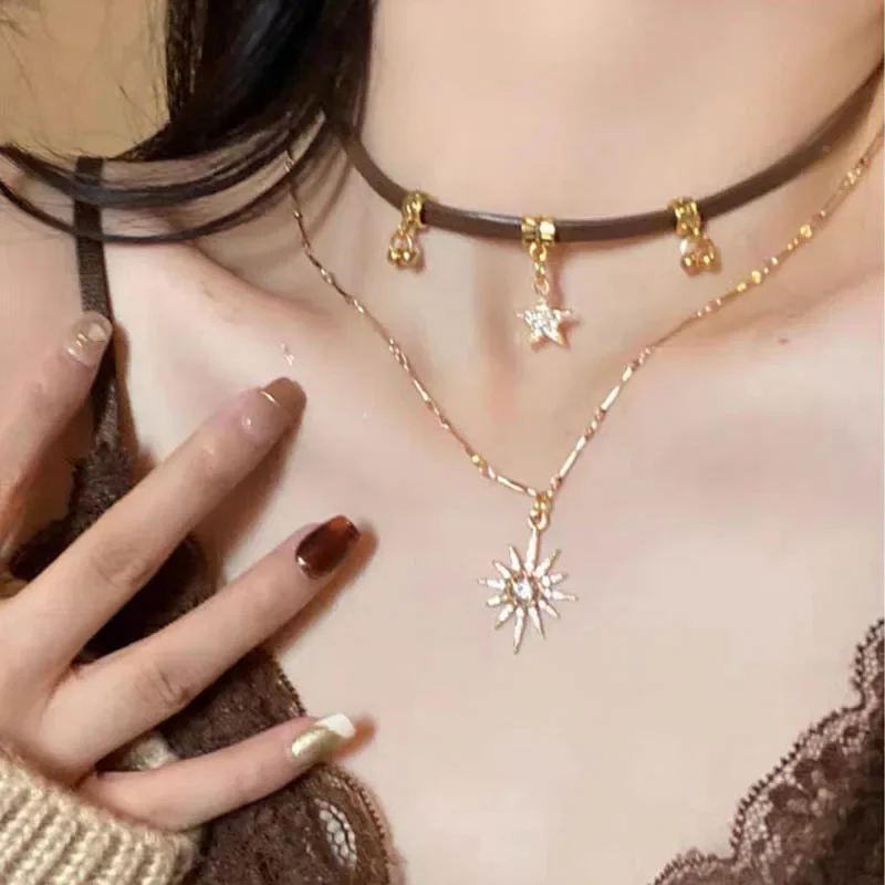 Vintage Bohemia Sun Star Zircon Necklace for Women Leather Necklace Double Layered Star Pendant Chain Choker Fashion Jewelry