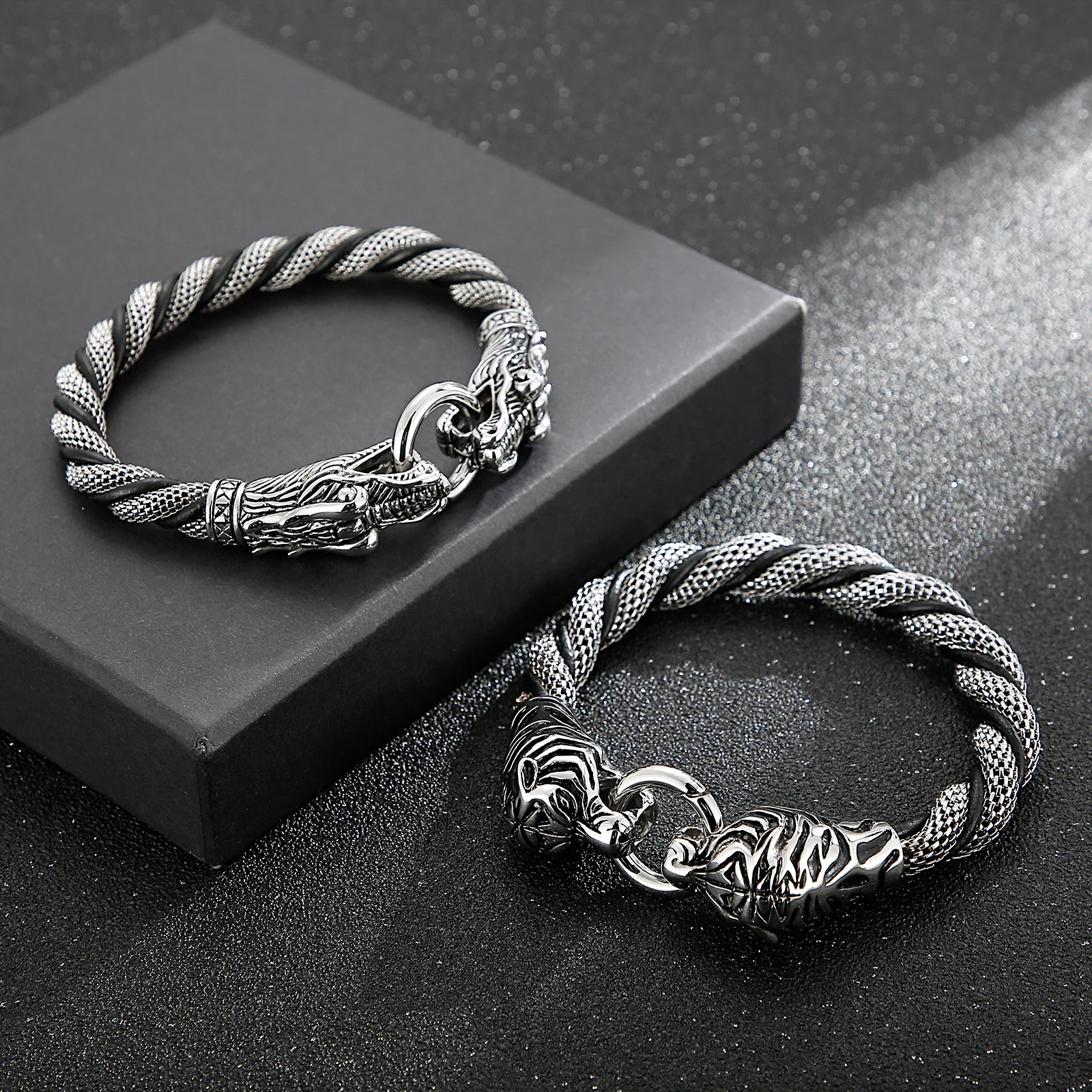 Kalen Punk Stainless Steel Twisted Chain Animal Bracelet Cowhide Dragon Tiger Head Men's Jewelry Gift Accessory