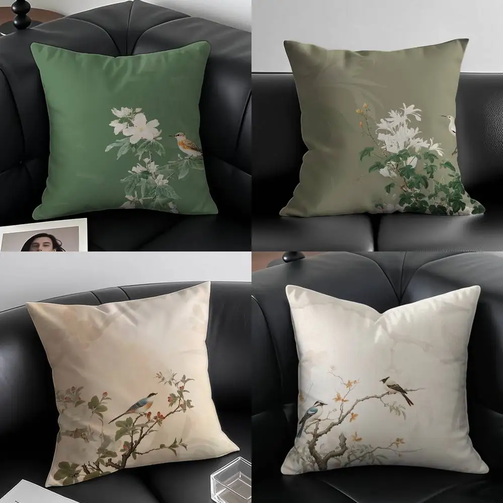 

Chinese Style Simple Bird Flowers Pillow Case Anti-dustmite Pillowcase Invisible zipper silky short plush Sofa cushion cover