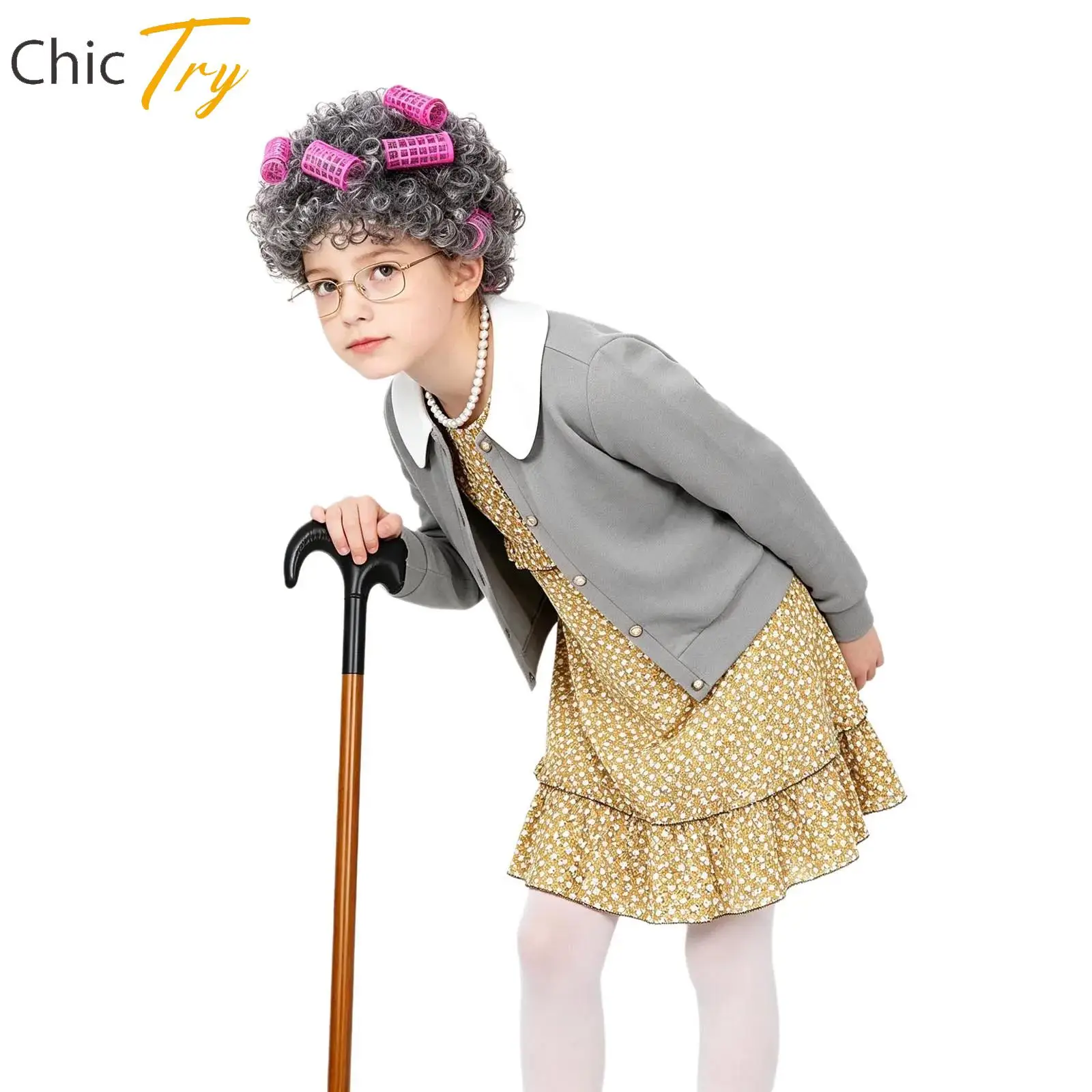 

Girls 100 Days Of School Grandma Cosplay Dress Outwear and Accessories Set Purim Clothes Old Lady RolePlay Carnival Party Outfit