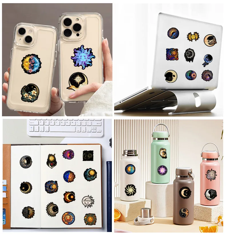 50Pcs Art Moon and Sun Stickers Moon DIY Stickers Scrapbooking Phone Luggage Skateboard Waterproof Decals