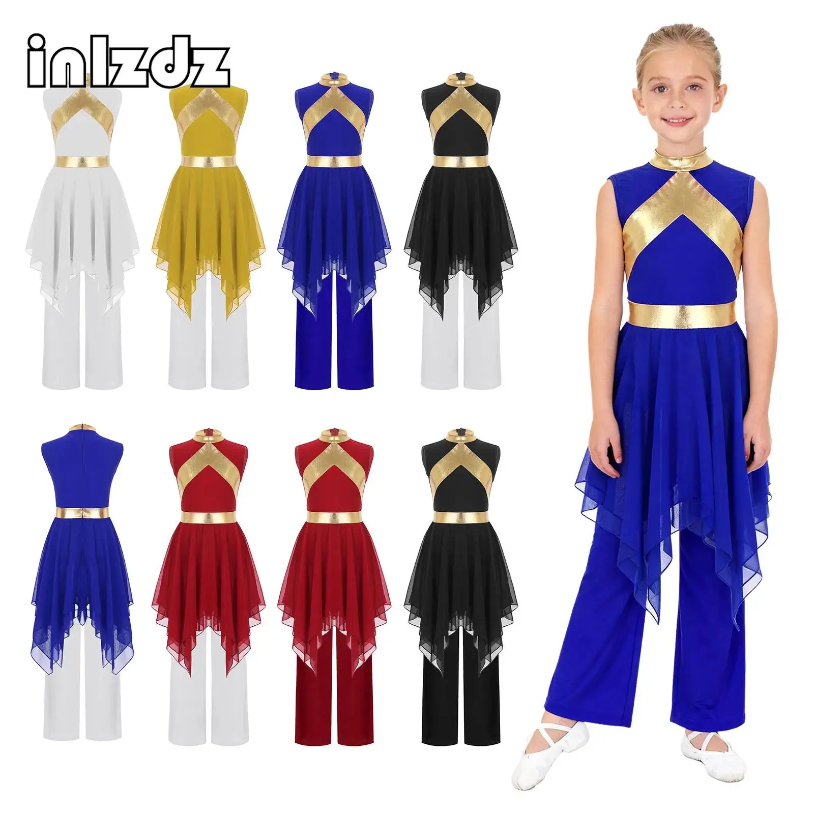 

Kids Girls Liturgical Praise Dance Outfit Sleeveless Asymmetrical Hem Dress+Pants Set for Lyrical Worship Dancing Performance