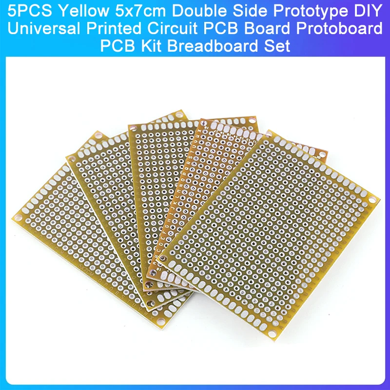 5ชิ้นสีเหลือง5x7ซม. ต้นแบบด้านคู่ DIY แบบสากลแผงวงจร PCB โพรโทบอร์ดชุดเบรดบอร์ด