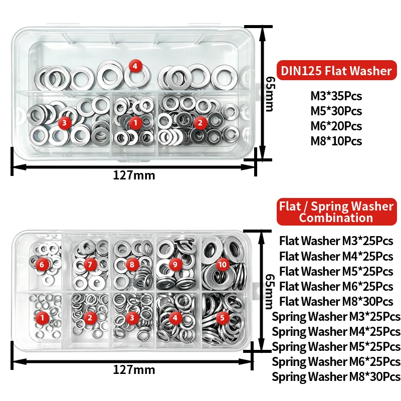 260pcs Stainless Steel Plain Flat Washers & Spring Locking Washers Assortment Pack, M3 M4 M5 M6 M8 Metal Shim Gasket Hardwar