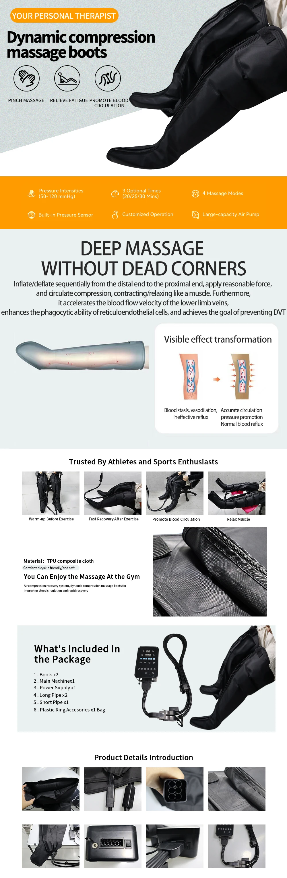 Luftkompressionsmassagesystem, 6 Kammern, Ganzkörpermassagegerät, Kompressionspumpe, Erholungsstiefel, Fuß- und Beinmassagegerät, AirWrap – Detail 2
