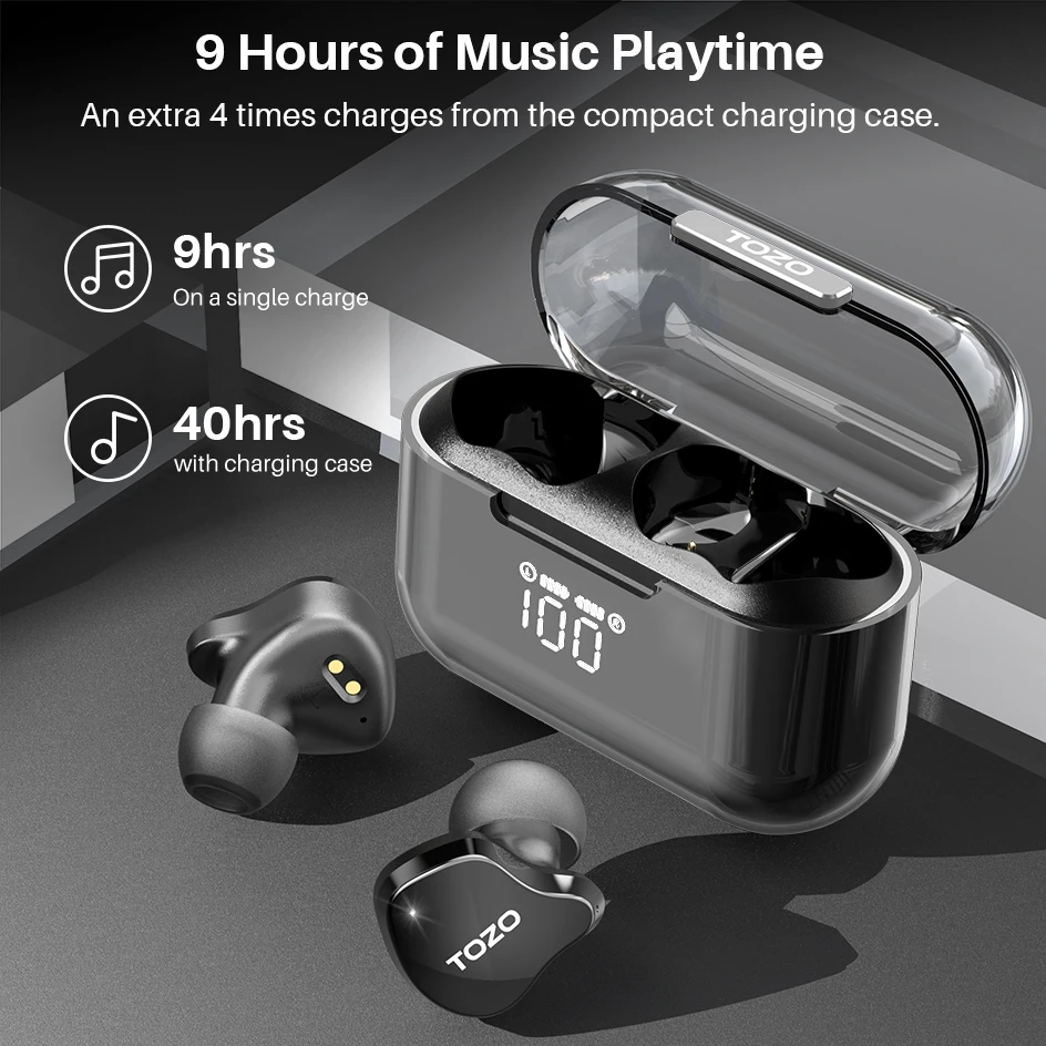 TOZO T18 Bluetooth 5.3 Fones de ouvido, fones de ouvido esportivos sem fio, fones de ouvido com redução de ruído, IPX7 Waterproof Earbuds