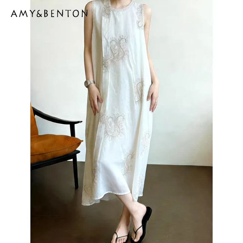 

Korean Version Heavy Industry Sleeveless Women's Dress 2026 Summer New Fashion White Temperament Elegant Long Dresses Ladies