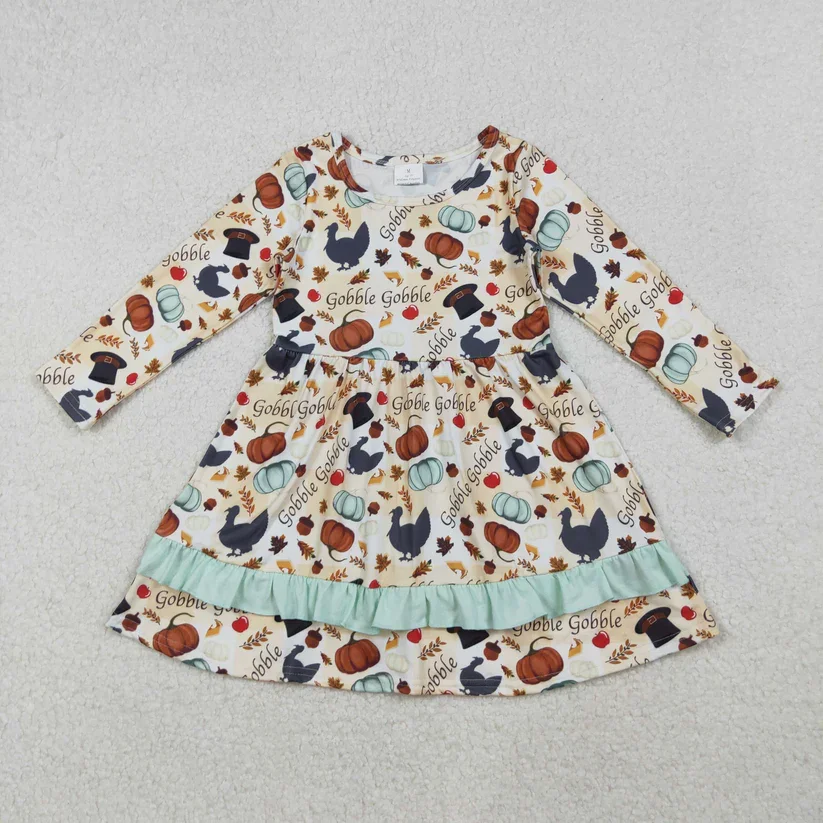 

Ready to ship baby girls long-sleeved dress with turkey and pumpkin