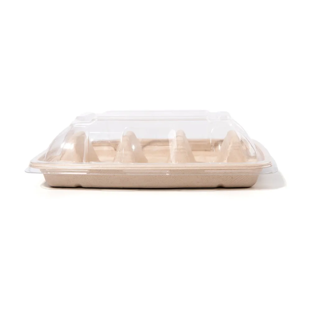 

50Pcs Commercial 3 Compartments Disposable Taco Plates with Lid Biodegradable Taco Holder Stackable Pulp Taco Serving Tray Party