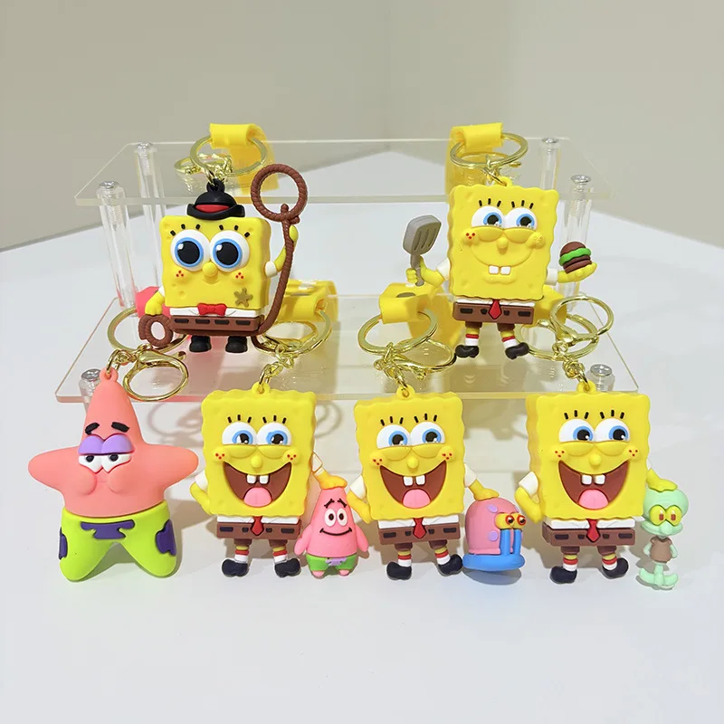 New SpongeBob SquarePants Character Keychain Set - SpongeBob, Patrick, Squidward PVC Figures & Metal Rings, Bag charm Christmas