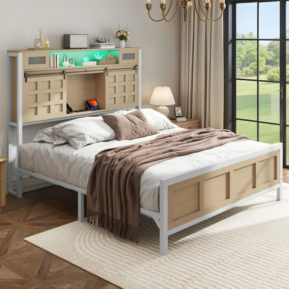 

60x80x49 Queen Size Bed Frame Storage Headboard w/ Sliding Door