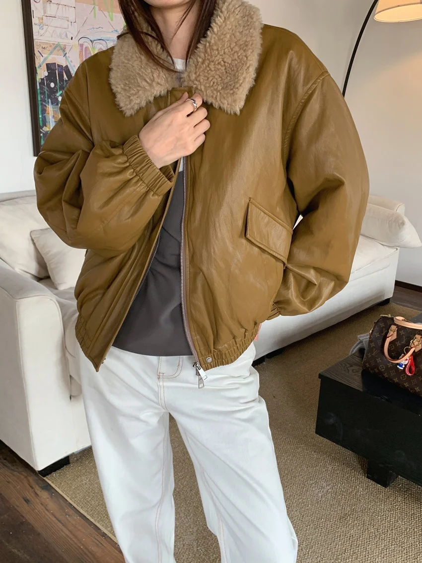 

Alien Kitty Ретро куртки из овечьей шерсти женские новые тонкие утолщенные PU 2026 теплые хлопковые зимние свободные повседневные офисные женские уличные пальто