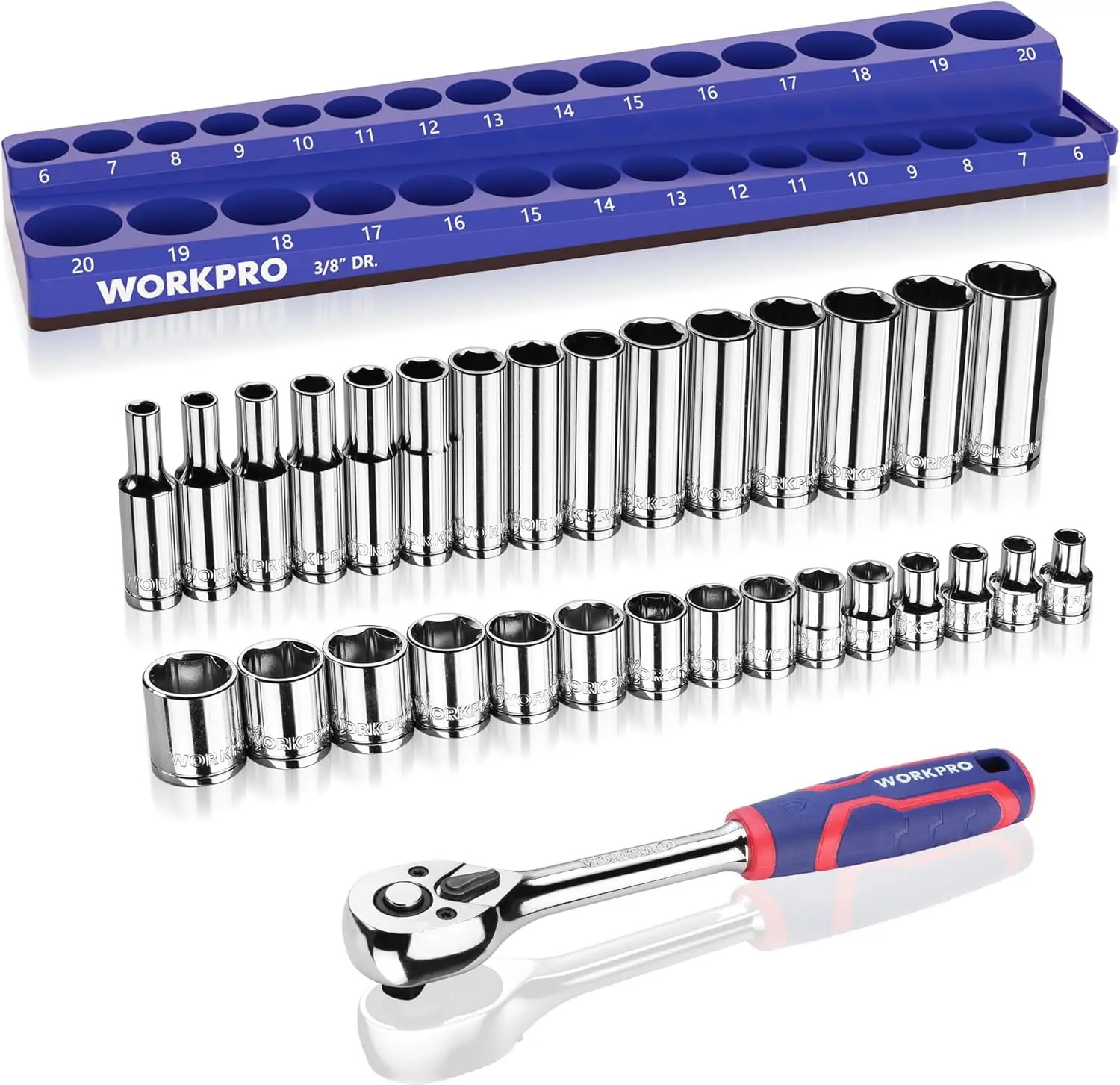 

32-Piece 3/8' Drive Metric Sockets & Ratchet Set with Magnetic Organizer, 6-20mm, 72-Tooth Quick Release