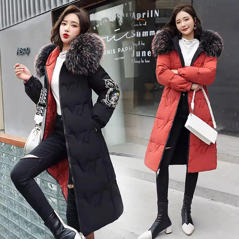 Women Winter Two Sides Jacket With Fur Hooded Long Cotton Padded Female Warm Coat Outwear Print Parka