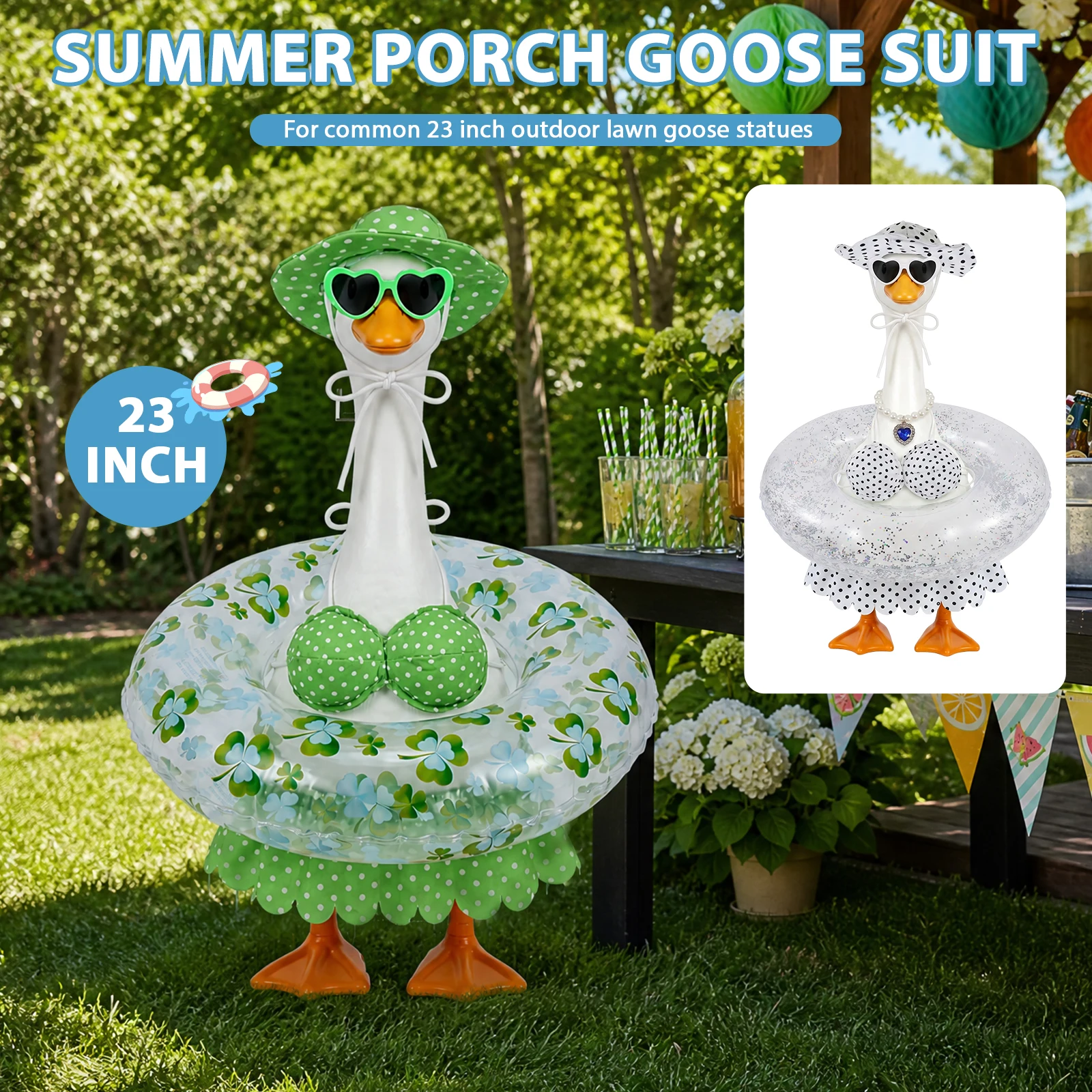 23 Inch Hawaiian Themed Porch Goose Bikini Outfit Decorative Garden Statue Dress Up Clothes Summer Lawn Goose Costume for Party