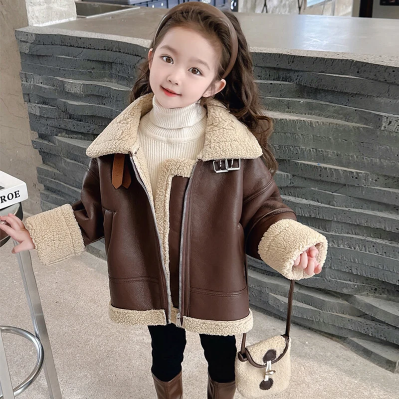 

Baby Girl Clothes Windbreak Jacket Kids Girls PU Leather Lamb Wool Outerwear For Autumn Winter Warm Thicking Children Coats Tops