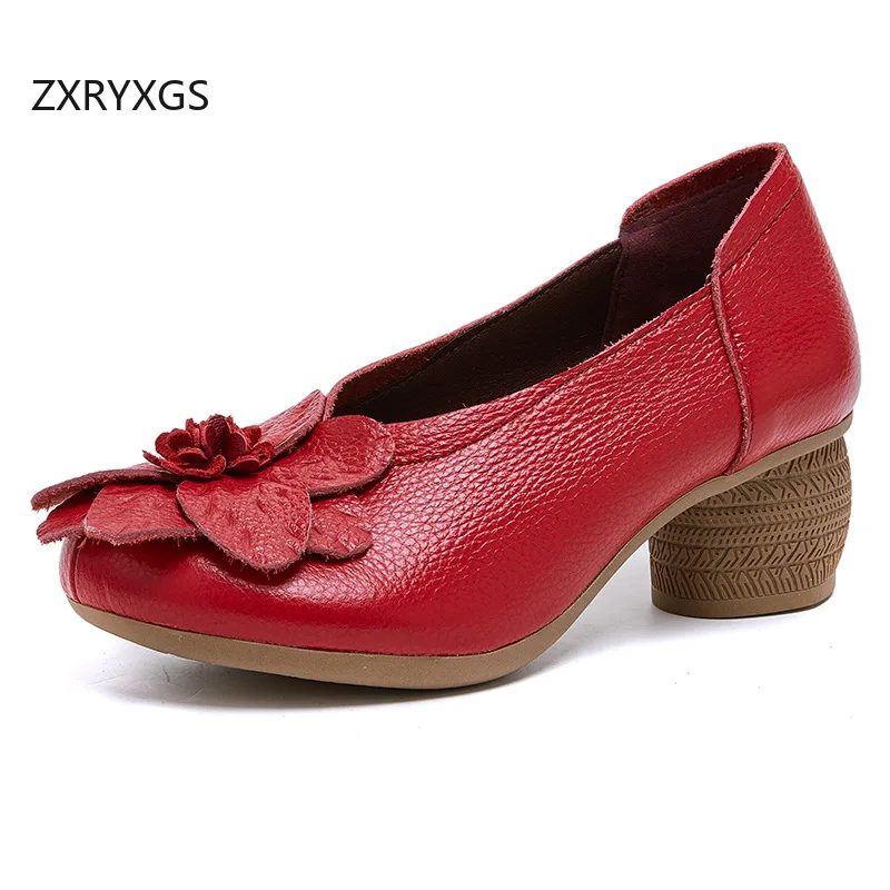 ZXRYXGS 2025 New Premium Genuine Leather Classic Flower Shoes Woman Fashionable Shoes Banquet Wedding Shoes High Heels Black Red