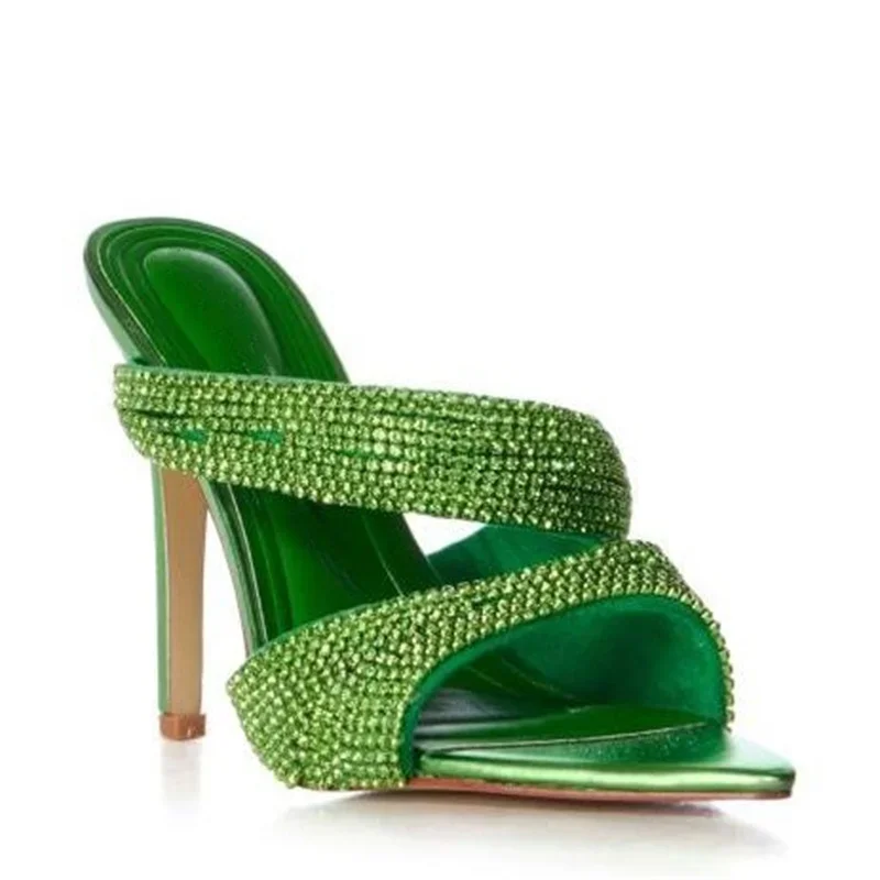 Green Rhinestones Decoration Slippers Cross Strap Sandals Designer Fashion Outwear Versatile Open Toe Sexy Large Size High Heels