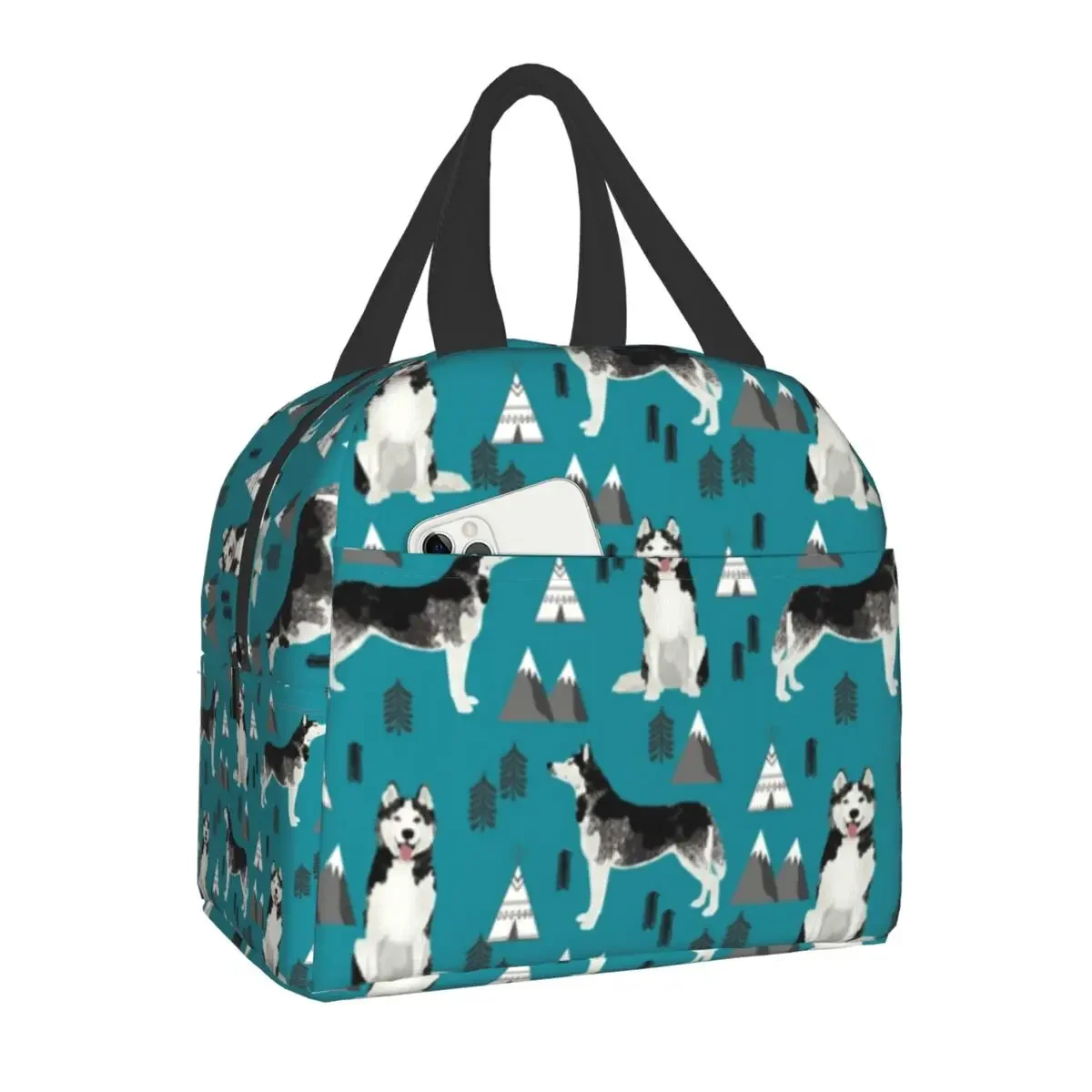 Bolsa de almuerzo con aislamiento térmico Husky Siberiano para mujer, bolsa de almuerzo portátil con retrato de Mascota, perro y montañas, caja de comida