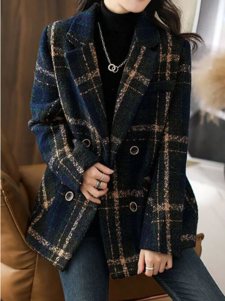 Retro Winter Coat for Women Turn-down Collar Double Breasted Fashion Jackets for Women Check Stitching Versatile Woolen Coat