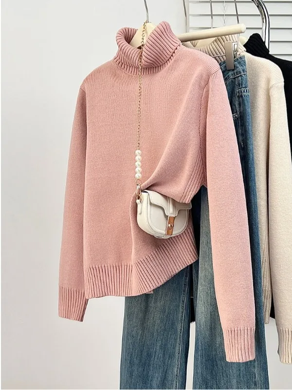 

plus Size Women's Pink High Collar Long Sve Knitted Base irt Casual Versatile Spring Faionable Top Comfortable Soft Ko...