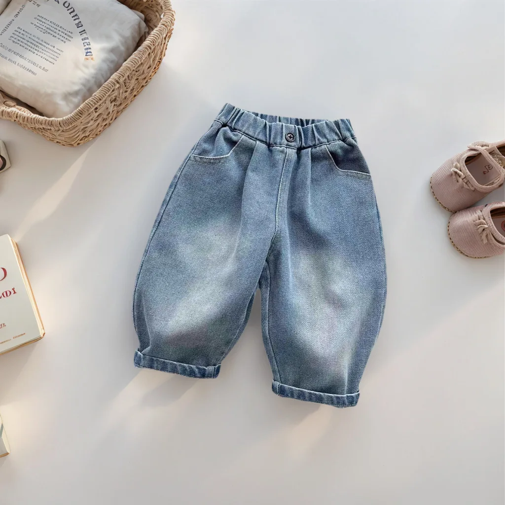 New Boys Streetwear Retro Jeans 2025 Autumn Baby Girls Elastic Waist Loose Jean Pants Childrens Denim Trousers