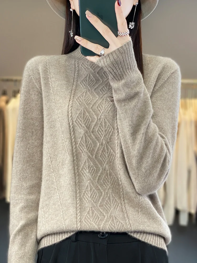 

2024 Autumn Winter Women 100% Merino Wool Sweater Gingham Half High Collar Pullover Knitwear Casual Cashmere Clothing Tops