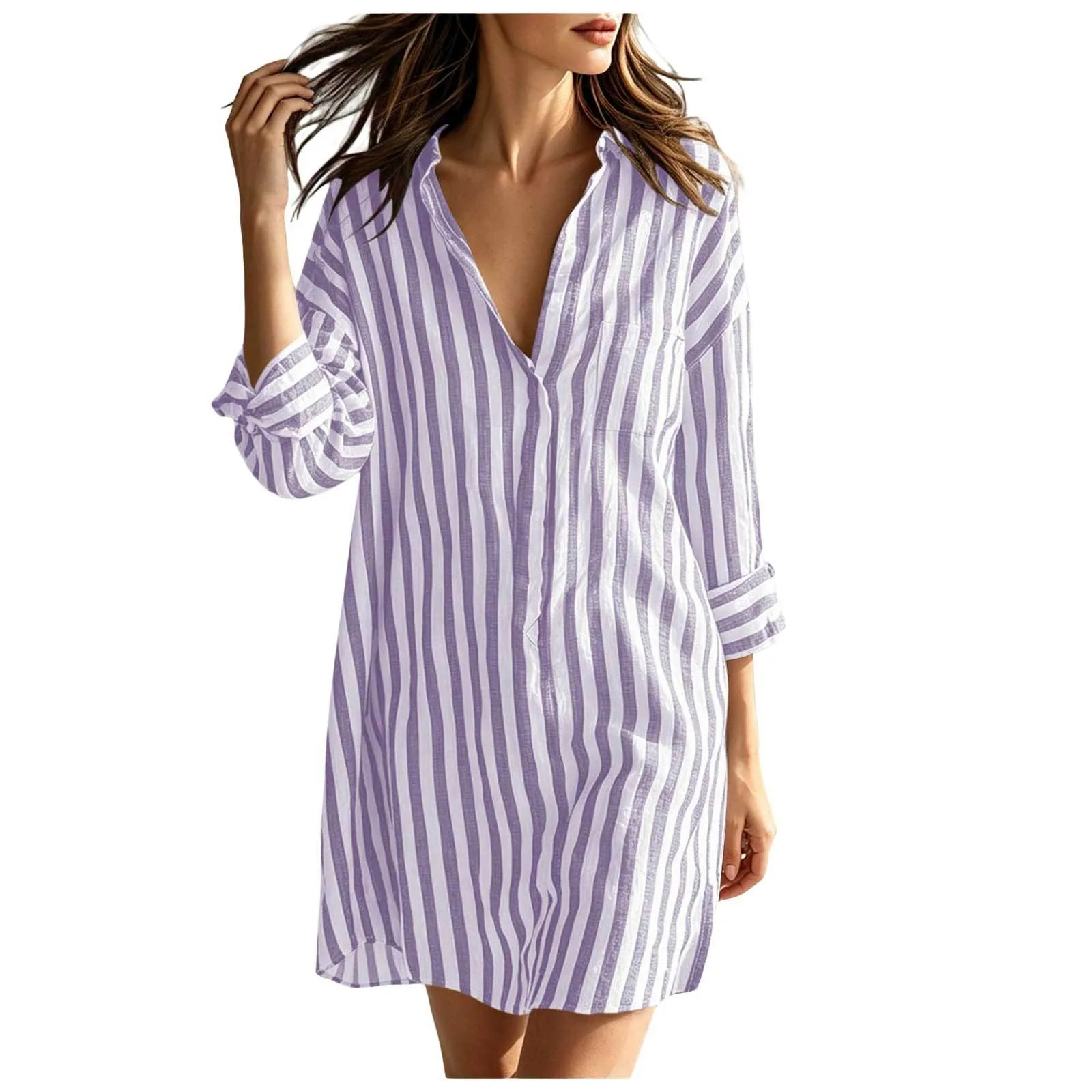 Single Striped Dress Loose Fit Literary Retro with Graceful and Elegant Mid Waist Open Front Patchwork Mini Length Women Dress