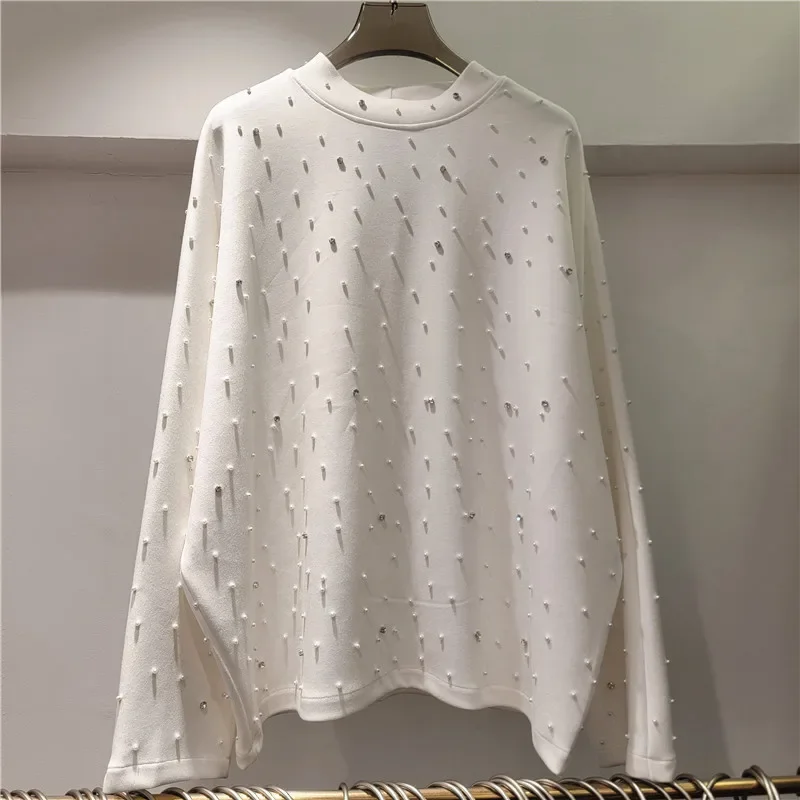 2024 Autumn New Heavy Industry Beads Diamond Black White T-shirt Top Round Neck Loose Versatile Long-sleeve Tshirt Hoodie Women