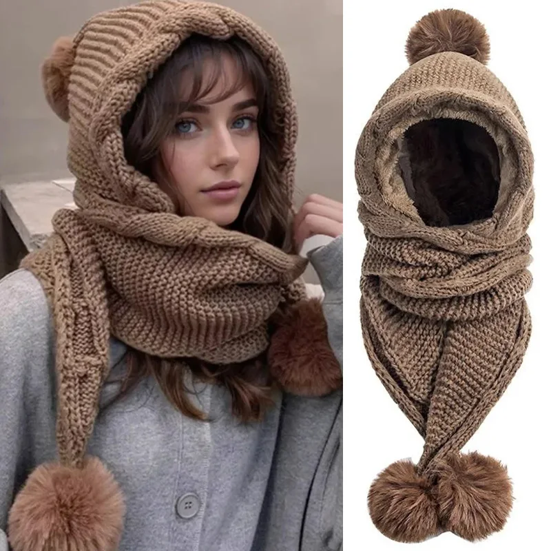 Conjunto Versátil de Cachecol e Gorro de Tricô Grosso com Protetores de Orelha com Pompons para Outono/Inverno e Aquecimento Extra