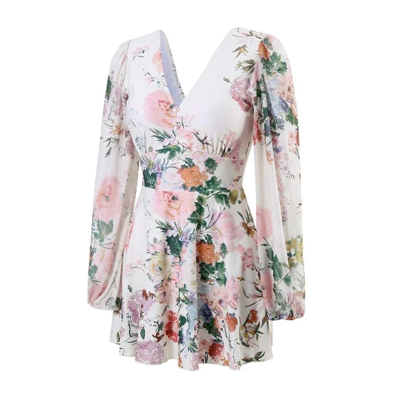 Floral Printed High Waist Elegant Fashion One Piece Dress Swimsuit V Neck Long Sleeve Beach Holiday Swimwear Bathing Suits E541