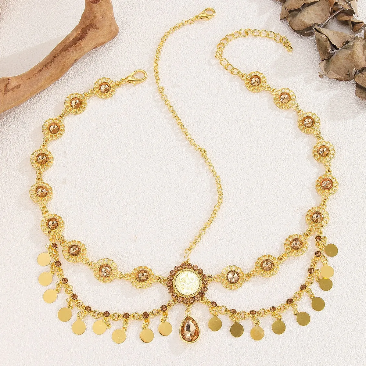 Fashion Bride Rhinestone Head Chain Gold Color Alloy Coin Tassel Crystal Headband Bridal