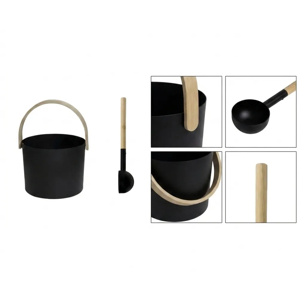 Wooden Handle Scoop Sauna Bucket Set For Creating Steam Aluminum Construction Heat Resistant Material Classic Black Finish