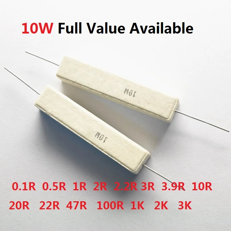 

10PCS/LOT 10W 0.1R/0.5R/1R/2R/2.2R/3R/3.9R/10R/20R/22R/47R/100R/1K/2K/3K/Ohm Cement Resistor 10W47R Cement Resistors Resistance