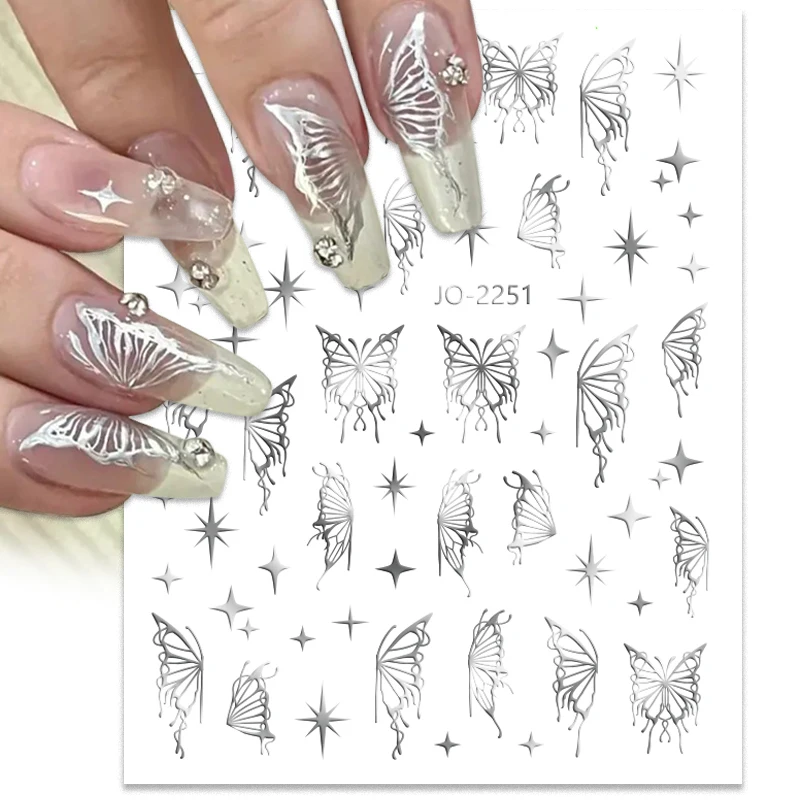 Silver Metal Butterfly 3D Nail Sticker Black White  Butterflies Star Adhesive Slider Wraps Manicure Gel Polish Decals