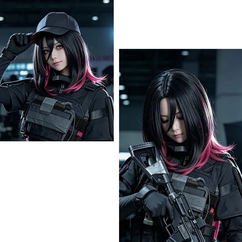 Complete Wig Kit with Wig Cap, 40cm Short Mixed Black Red Synthetic Hair for NIKKE E.H. Game Cosplay