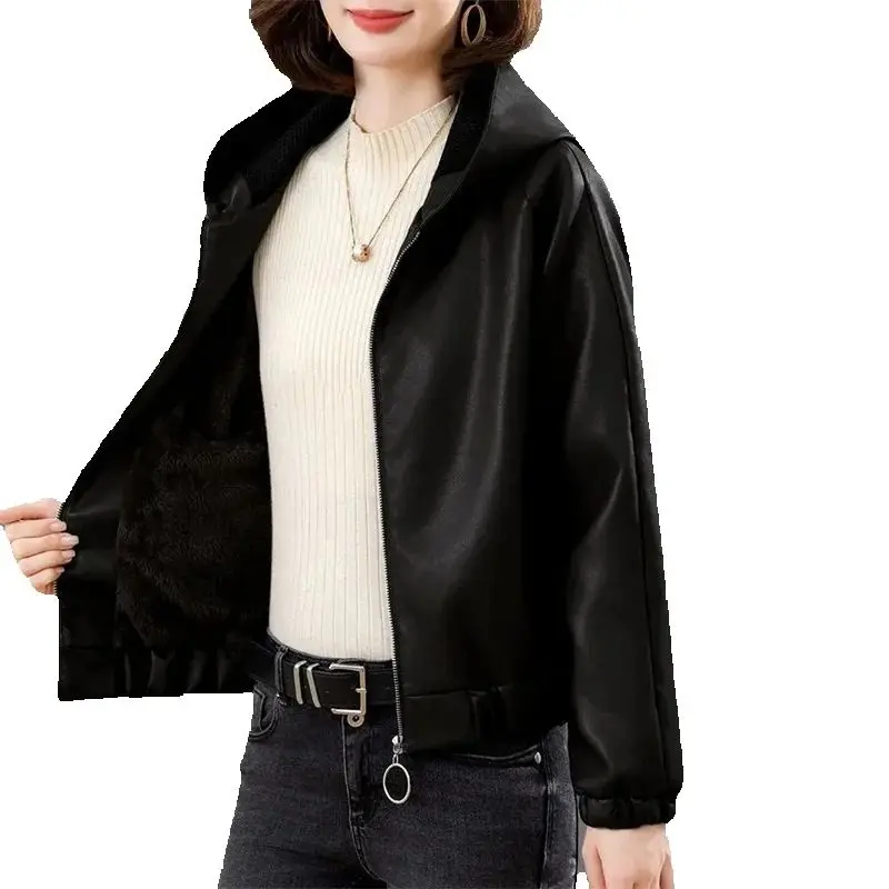 ベルベットPUレザーコート レディース 2025 新作 ファー ジャケット 秋冬 フード付き ルーズ アウター スリム ショート レザージャケット レディース アウター