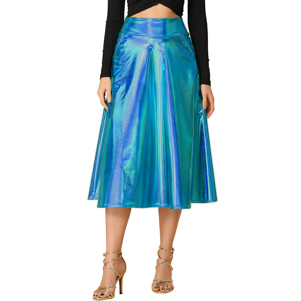 Women's Hologram Laser Midi Skirts,High Waist Flare Skirt,Cocktail Party,Pole Dancewear, Shiny Ruffle Skirts, Office Lady,Casual