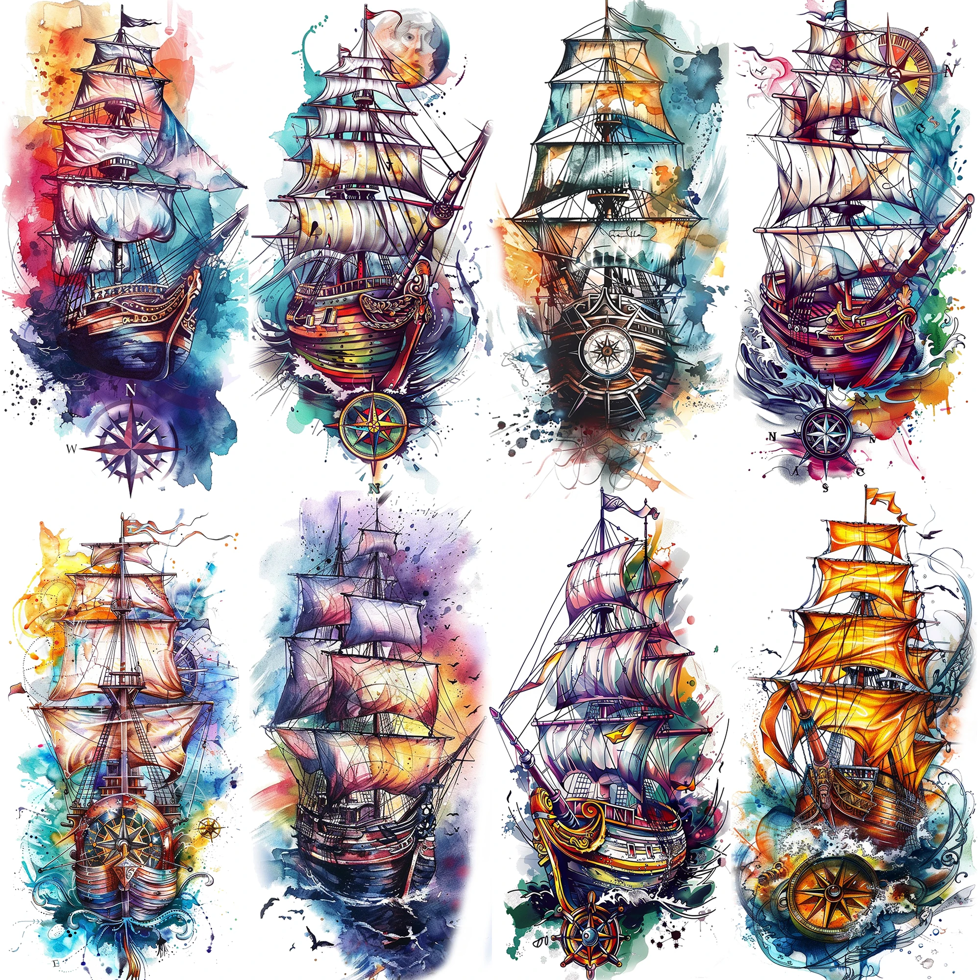1 Sheet Watercolor Sailing Pirate Ship Waterproof Temporary Tattoos For Men Women Adults Realistic Sailboat Fake Tattoo Sticker